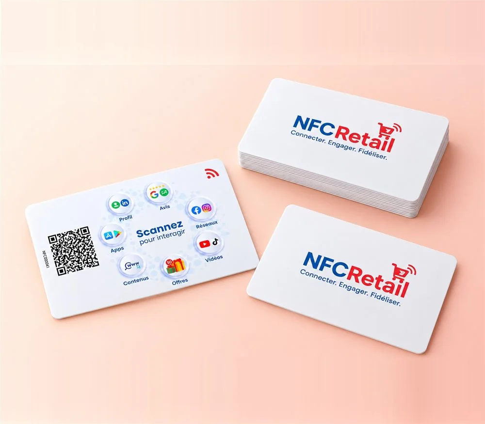 Cartes de visite NFC NFCRetail avec QR code et icônes Scannez pour interagir