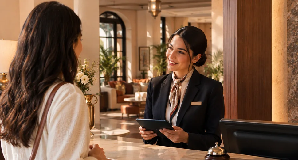 Réceptionniste accueillant une cliente à l’accueil d’un hôtel