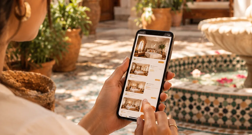 Voyageuse consultant des hébergements sur son smartphone dans la cour d’un riad