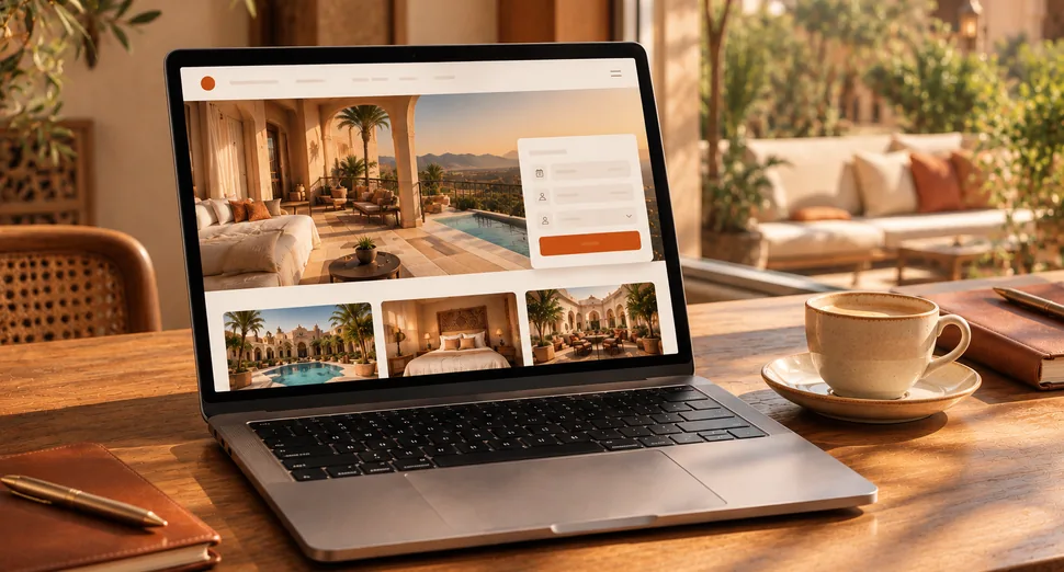 Ordinateur portable affichant le site d&rsquo;un hôtel avec un formulaire de réservation