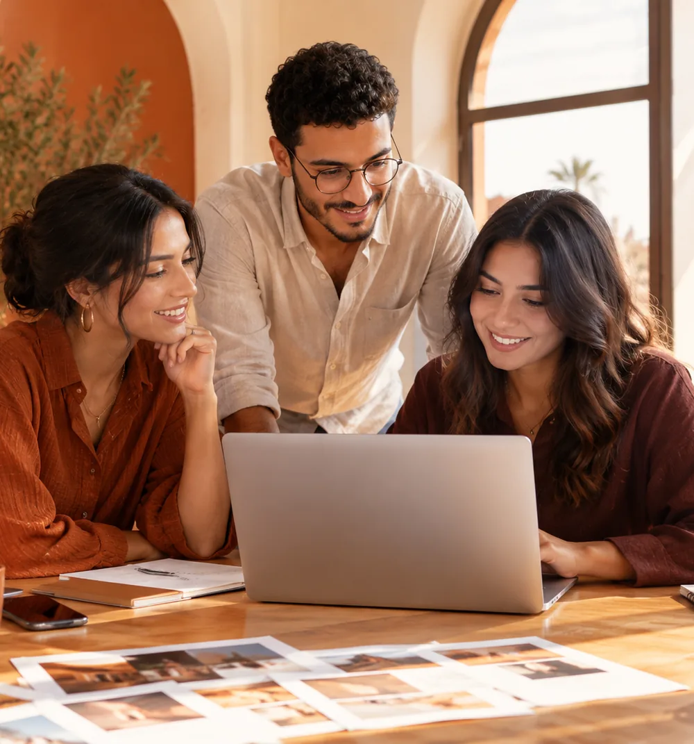 Trois membres de l&rsquo;équipe réunis autour d&rsquo;un ordinateur portable dans un bureau lumineux de Marrakech