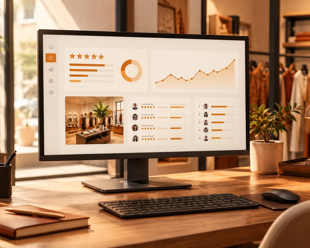 Écran de bureau affichant un tableau de bord d'avis clients et de performance des vendeurs